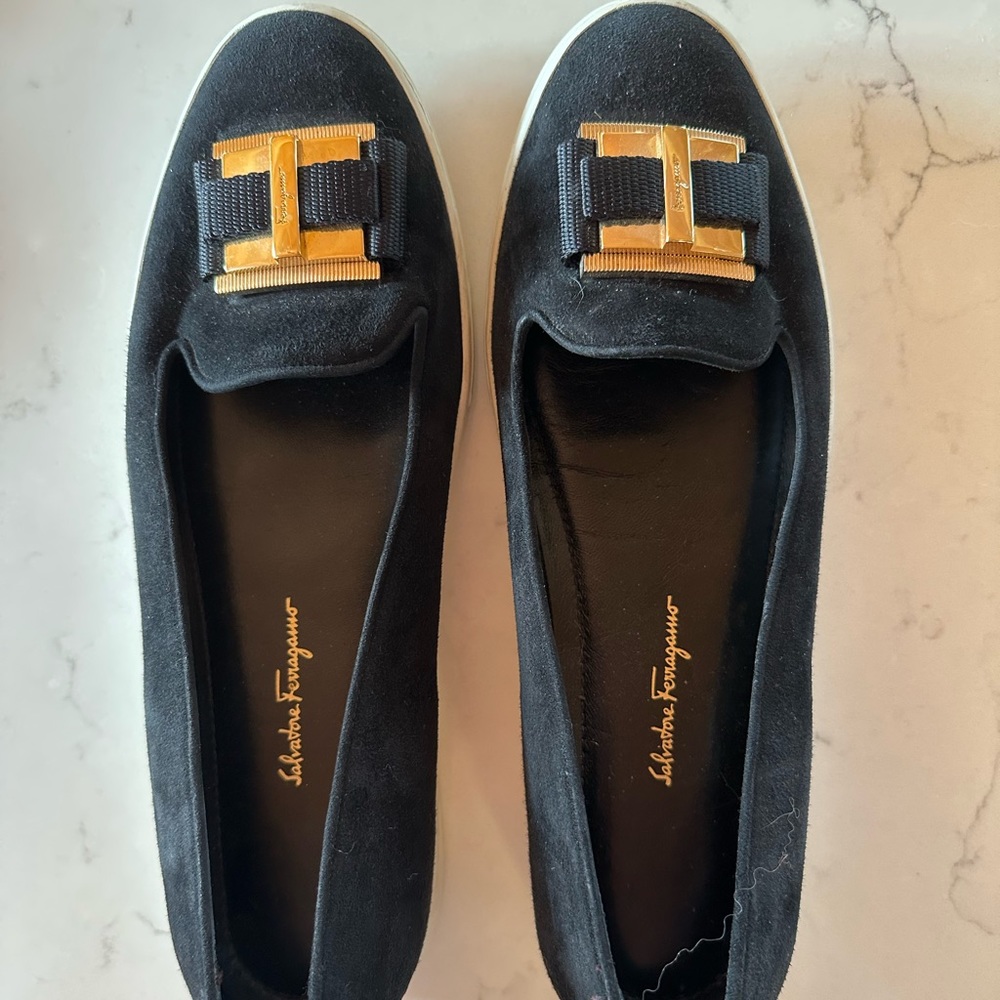 Salvadore Ferragamo, black suede flats with Gold detail on toe, size 8 ½
